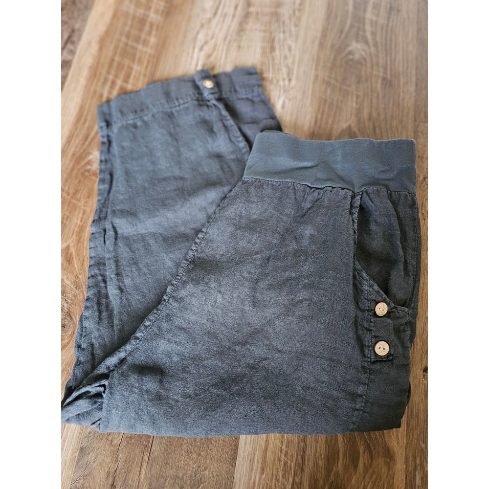 Beyond Capri Italy Linen Pants Charcoal Gray Elastic Waist Button Detail Womens